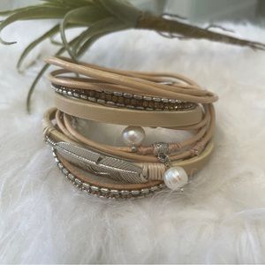 Tan Leather Wrap Around Bracelet with Magnetic Clasp